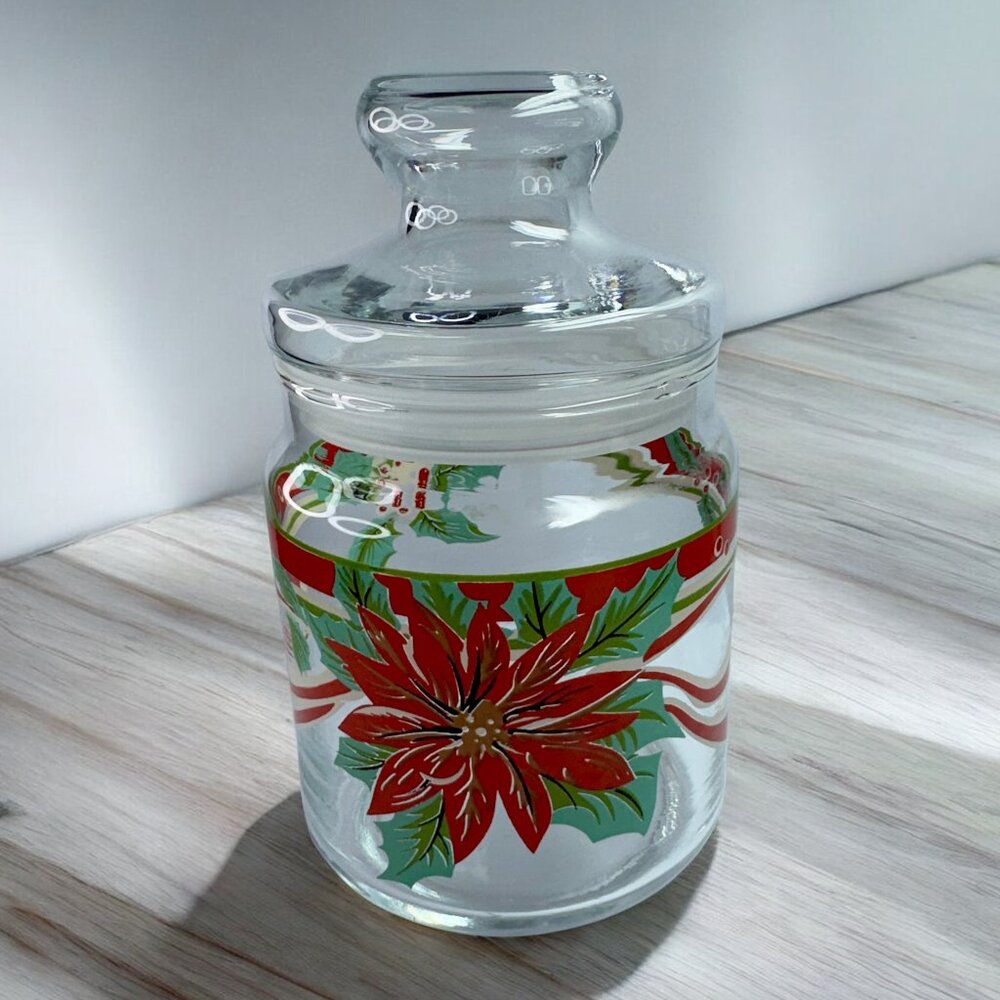 Vintage Clear Glass Canister Candy Jar Container Poinsettia Christmas with Lid